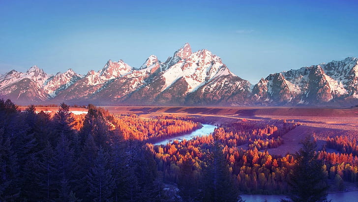 Pink Hue On Snake River The Gr Tetons, forest, mountains, nature and landscapes
