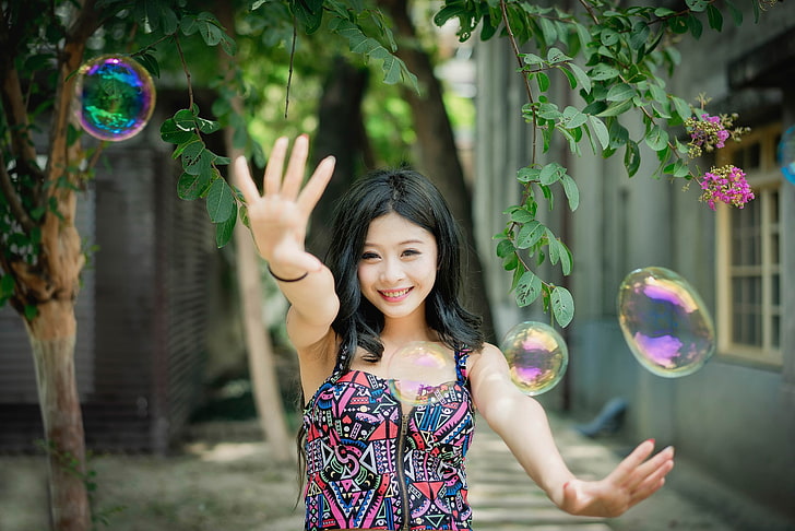 women's multicolored top, Asian, bubbles, urban, one person, front view, HD wallpaper