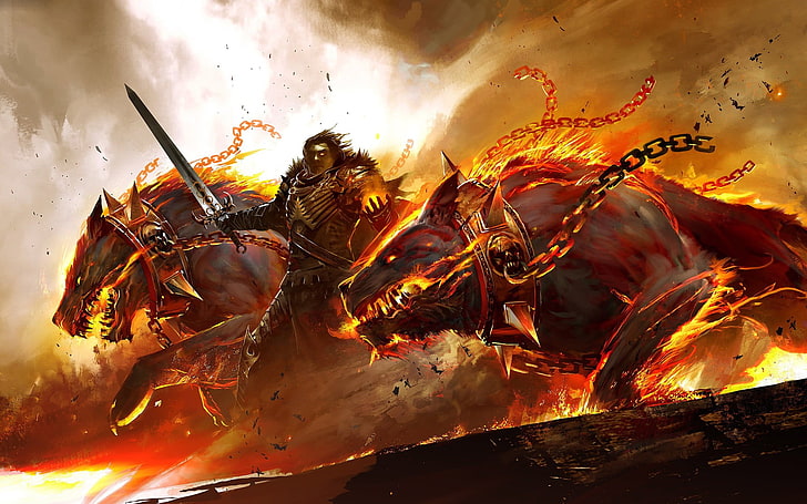 man carrying sword illustration, Guild Wars, Guild Wars 2, orange color