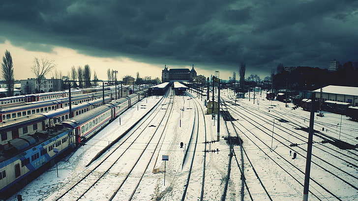 gray train tracks, city, train station, railway, snow, Istanbul