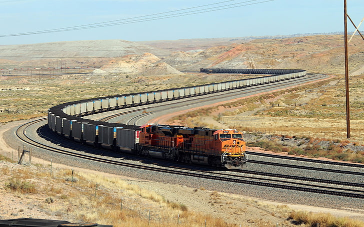 orange and gray cargo train, freight train, diesel locomotive, HD wallpaper