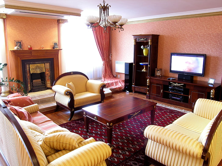 brown wooden framed white padded sofa set, living rooms, interior