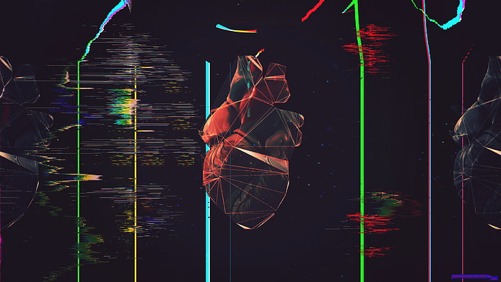 black and red human heart illustration, glitch art, polygon art