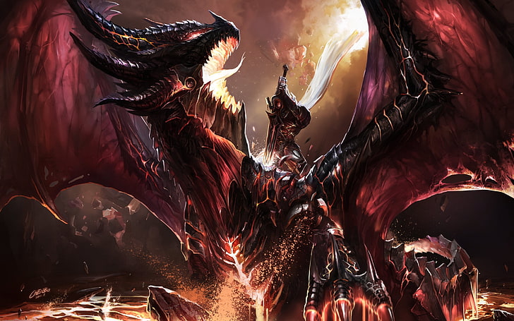 dragon illustration, fire, elf, sword, warrior, WOW, fight, World of warcraft, HD wallpaper