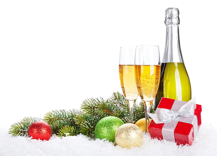 champagne flute glasses, winter, snow, decoration, holiday, Christmas, HD wallpaper