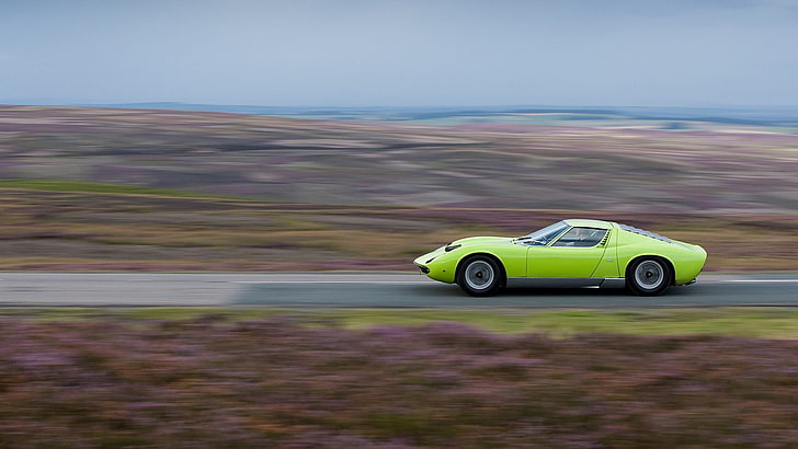 green sports coupe, Lamborghini, Miura, green cars, motion blur, HD wallpaper