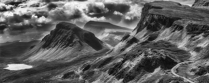 Quiraing Black and White, grayscale photo of mountain range, Nature