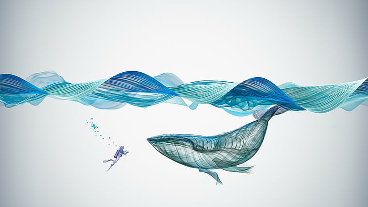 blue whale shark underwater, waves, artwork, 4k