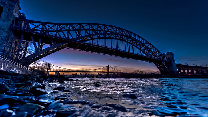 HDR, sunset, river, bridge, cityscape, Brooklyn Bridge, Manhattan Bridge, HD wallpaper