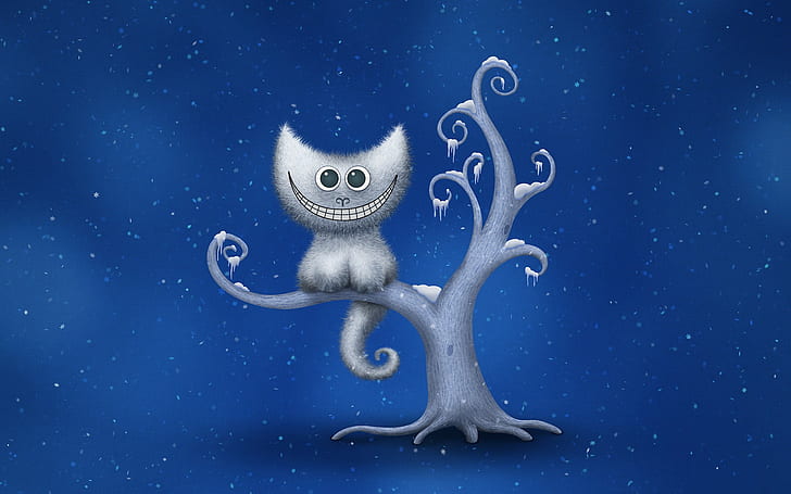 digital art, minimalism, Cheshire Cat, snow, trees, blue background, HD wallpaper