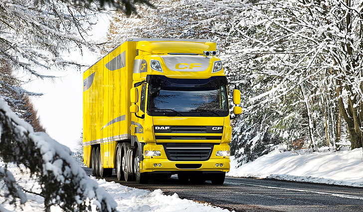 yellow transporter truck, Winter, Road, Snow, Wallpaper, DAF, HD wallpaper