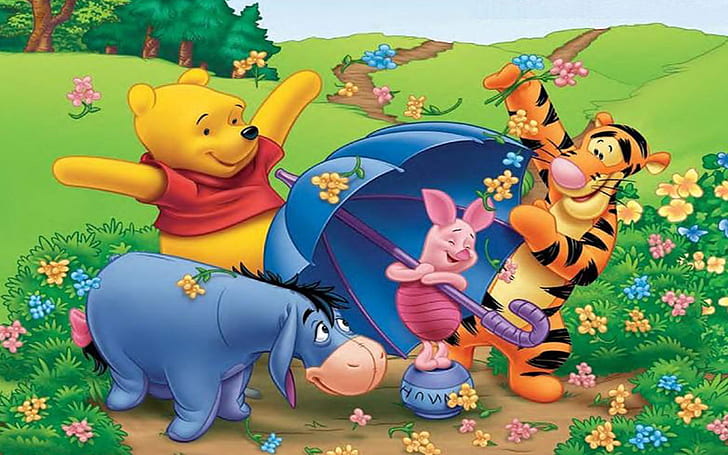 Tigger Eeyore Piglet And Winnie The Pooh Cartoon Spring Garden Flowers Umbrella Hd Wallpaper For Laptop And Tablet 1920×1200