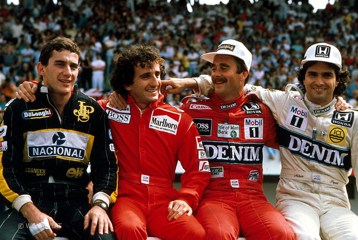 men's red jumpsuit, Ayrton Senna, Formula 1, Alain Prost, Nigel Mansell