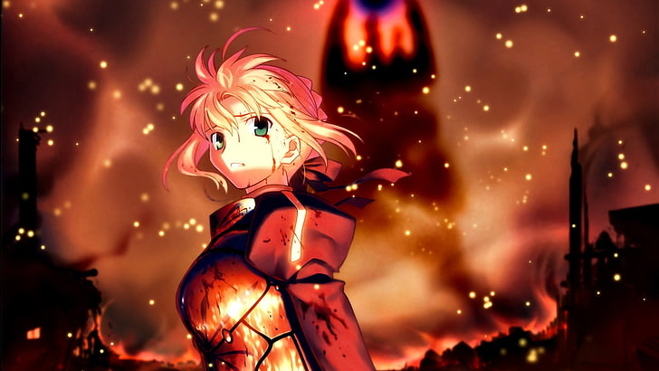 red-haired female anime character surrounded with flame digital wallpaper