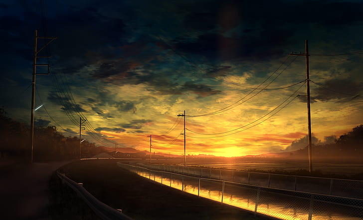 clouds, landscape, road, sky, sunset, water, anime, sunlight, HD wallpaper