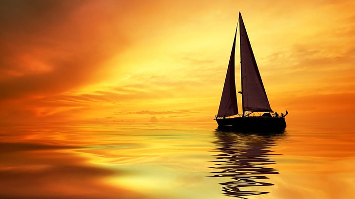 calm, sky, sunset, afterglow, horizon, sail, sea, sailing ship, HD wallpaper