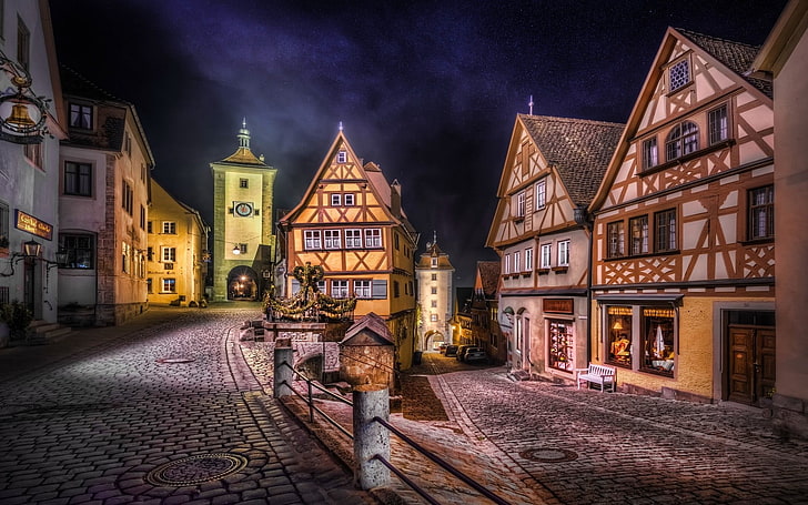 brown concrete houses, Rothenburg, Germany, road, urban, HDR