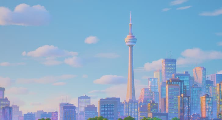 Toronto, Canada, CN Tower, turning red, cityscape, digital art