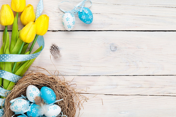 Easter, tulips, flowers, spring, eggs, HD wallpaper