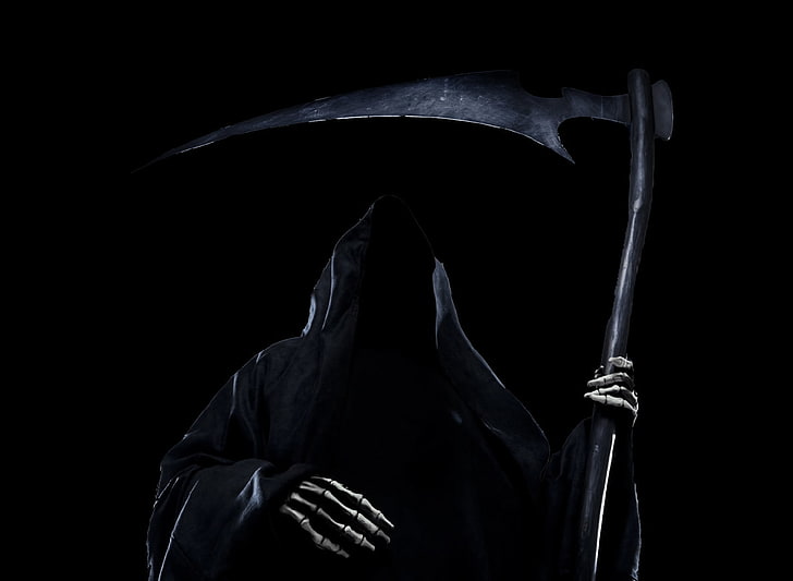 Grim Reaper, scythe, black background, hood, studio shot, hood - clothing