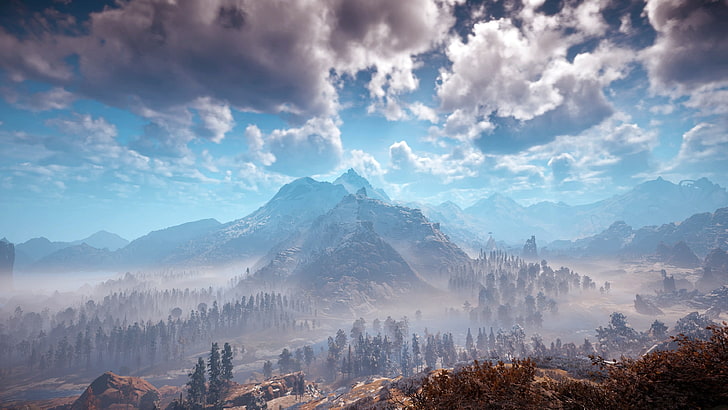 mountain and clouds painting, video games, Horizon: Zero Dawn