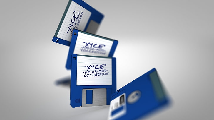 four blue floppy discs, demoscene, chiptune, Amiga, xyce, floppy disk