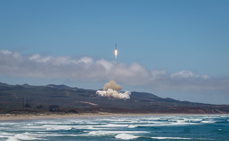 rocket, SpaceX, photography, smoke, beach, sky, water, sea, scenics - nature