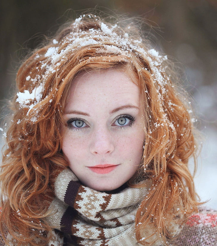 redhead, green eyes, pale, snow, closeup, scarf, women, gray eyes