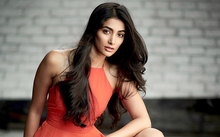 Hot Pooja Hegde In Red, looking at camera, portrait, long hair