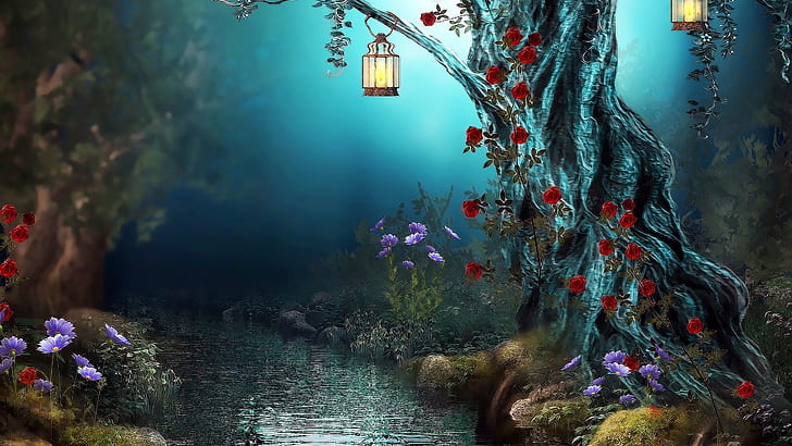 enchanted forest, lanterns, creek, flowers, evening, dusk