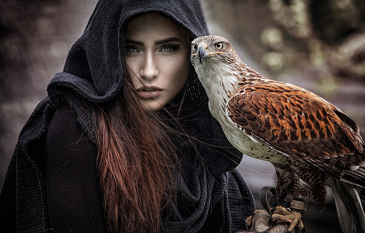 fantasy girl, animals, birds, women, hoods, one person, real people