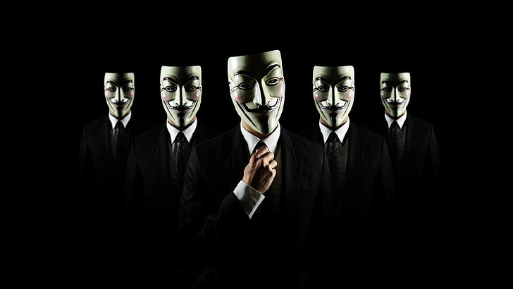 five men wearing Guy Fawkes mask wallpaper, Anonymous, black