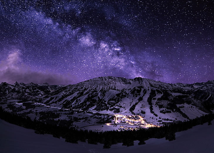 snow, galaxy, town, landscape, nature, stars, mountains, starry night