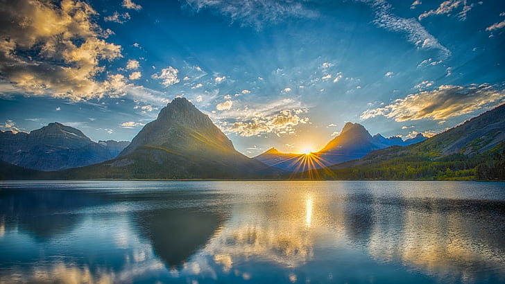 landscape, sun rays, mountains, lake, sunset
