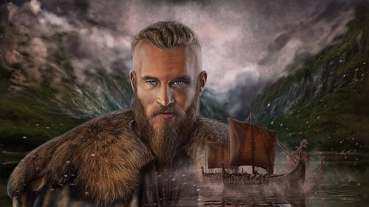male character 3D wallpaper, Viking, Drakkar, Art Edit, Vikings Ragnar Lothbrok