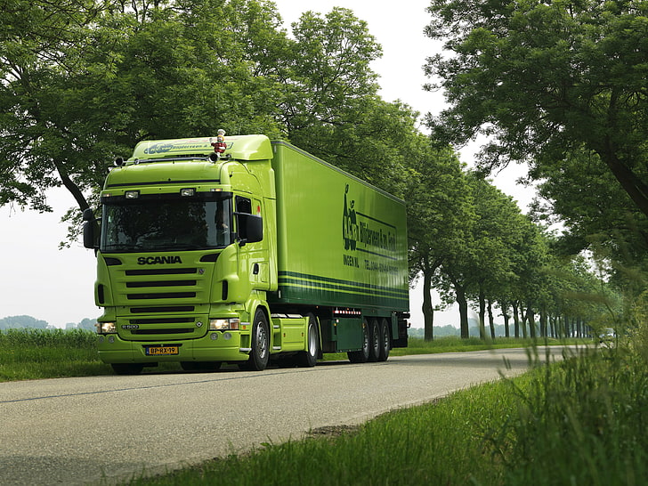 green Scania freight truck, Road, Trees, Car, Tractor, The trailer