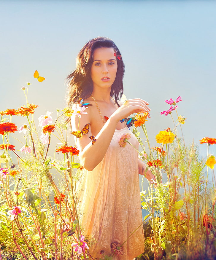 Katy Perry, singer, brunette, women outdoors, flower, flowering plant