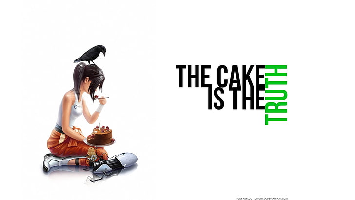 woman eating with text overlay, Portal (game), Portal Gun, cake, HD wallpaper