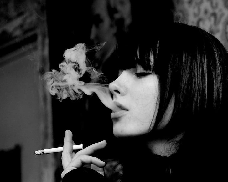 monochrome, women, cigarettes, smoke, smoking, bangs, Caucasian