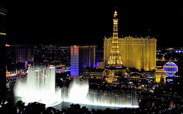 Las Vegas, USA, black eiffel tower, light, night, lake, fountain of the Bellagio water show