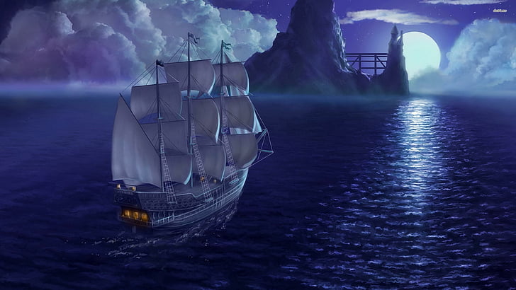 pirates, ship, sail, white, drawing, moon, blue, sea, water