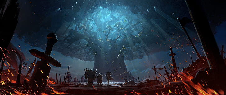 Blizzard Entertainment, landscape, elven, Alliance, trees, fire