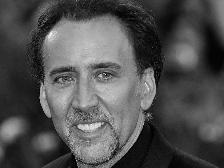Nicolas Cage, actor, man, face, smile, black white, hollywood