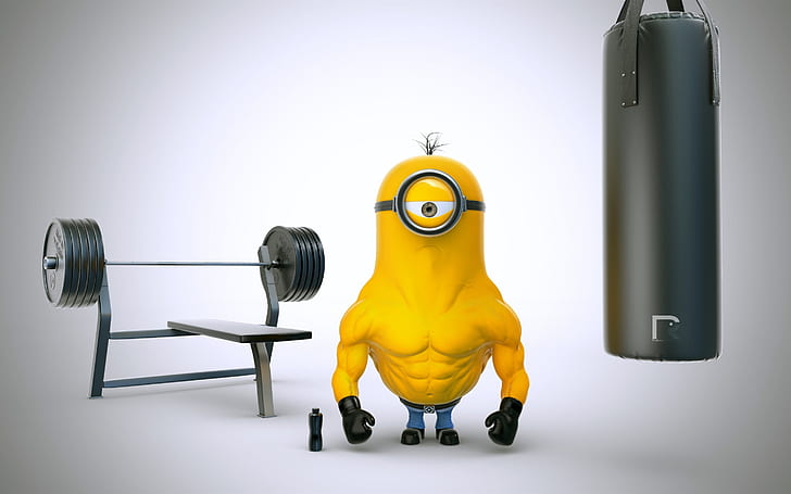 Young Bodybuilder, minions and gym equipments, funny, HD wallpaper