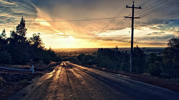 nature, HDR, road, landscape, power lines, sunset