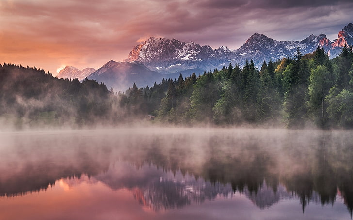 landscape, nature, lake, forest, mist, mountains, snowy peak, HD wallpaper