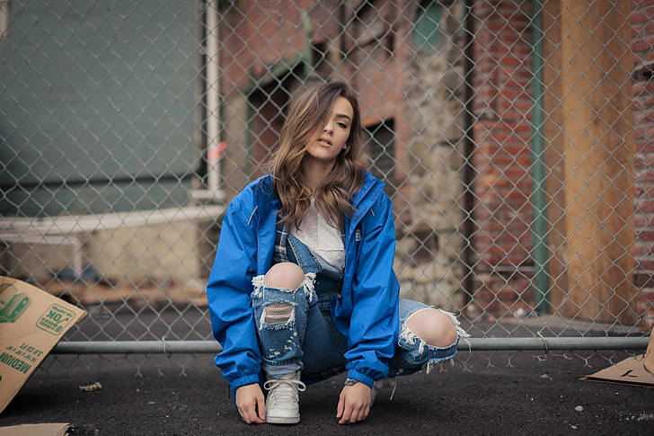 women, model, outdoors, sneakers, overalls, blue jacket, torn jeans, HD wallpaper