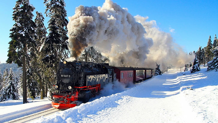 red and black train, snow, steam locomotive, vehicle, winter, HD wallpaper
