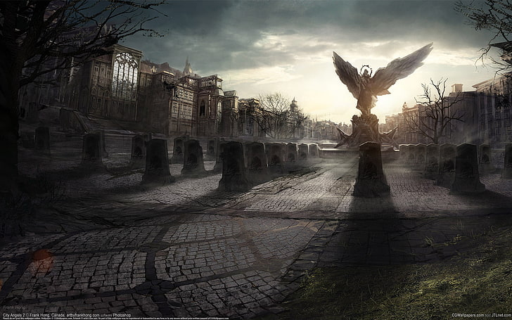 angel statue digital wallpaper, the city, home, wings, area, monument