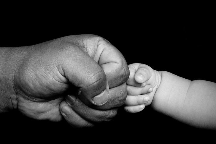 grayscale photography of hands, human hand, baby, human body part